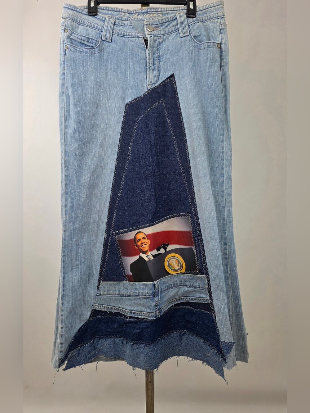 Vintage D Jeans Upcycled Handmade Obama Patchwork Denim Embroidered Maxi Skirt